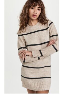 Line & Dot Beige Mini Sweater Dress with Black Stripes